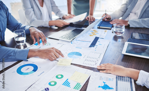 Εκτύπωση καμβά Teamwork, collaboration and infographic paper in business meeting for target audience data, KPI or demographic chart survey