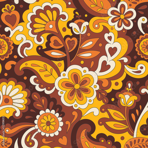 Colorful folk psychedelic seamless pattern. Retro ethnic ornament. Vintage vector background. Hippie 70s styled groovy textile print. Floral motifs