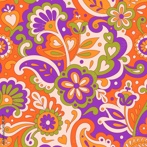 Colorful folk psychedelic seamless pattern. Retro ethnic ornament. Vintage vector background. Hippie 70s styled groovy textile print. Floral motifs