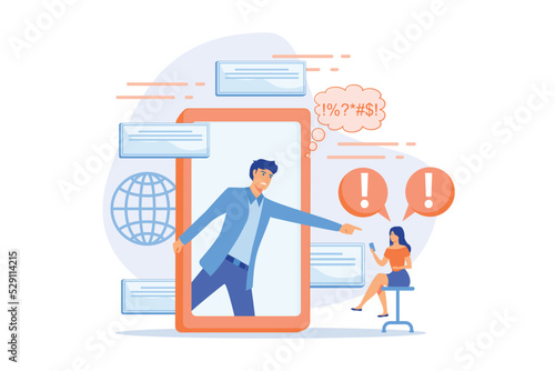 Bully in smartphone harassing, threatening and intimidating upset victim online. Cyberbullying, online flooding, social network harassment concept. flat vector modern illustration