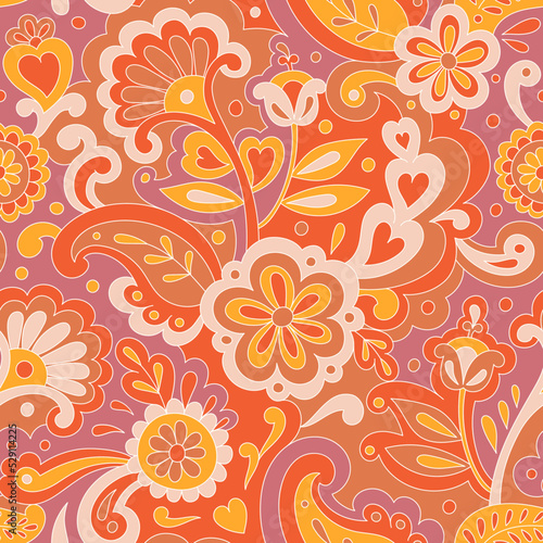 Colorful folk psychedelic seamless pattern. Retro ethnic ornament. Vintage vector background. Hippie 70s styled groovy textile print. Floral motifs