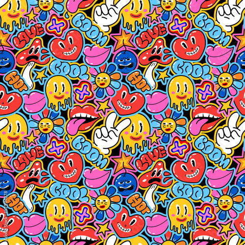 Funny retro cartoon characters seamless pattern. Vector stock illustration.