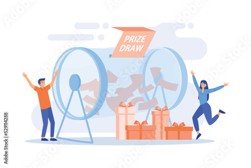 Lucky tiny people turning raffle drum with tickets and winning prize gift boxes. Prize draw, online random draw, promotional marketing concept. flat vector modern illustration photo