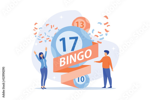 Businessman and woman winners and bingo lottery balls with lucky numbers, tiny people. Lottery money game, lucky raffle ticket, bingo game concept. flat vector modern illustration