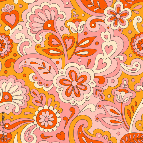 Colorful folk psychedelic seamless pattern. Retro ethnic ornament. Vintage vector background. Hippie 70s styled groovy textile print. Floral motifs