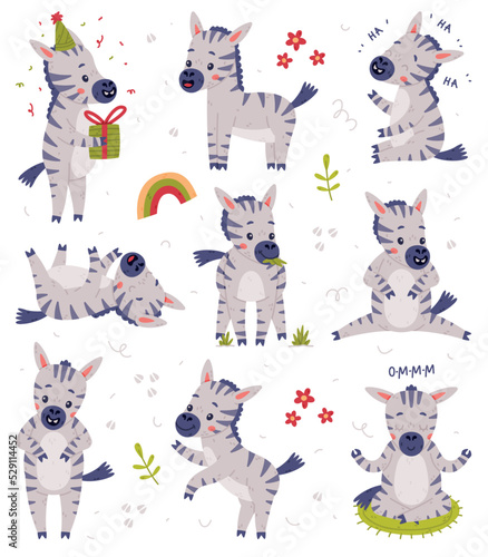 Funny Zebra as African Equine with Black-and-white Striped Coat Doing Different Activity Vector Set