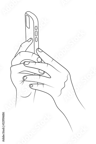 Smartphone in hand side view sketch vector illustration.