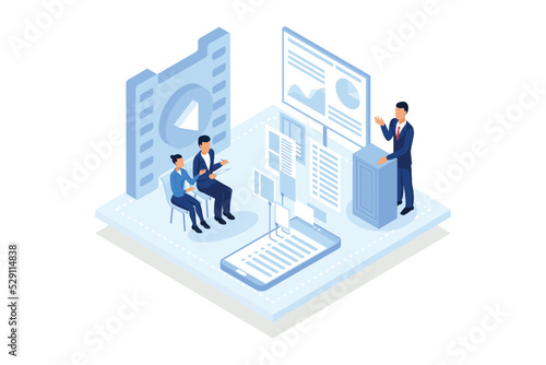 Synchronized access. Group of people discussing plans together, synchronized access app, smart classes, data visualizations.isometric vector modern illustration