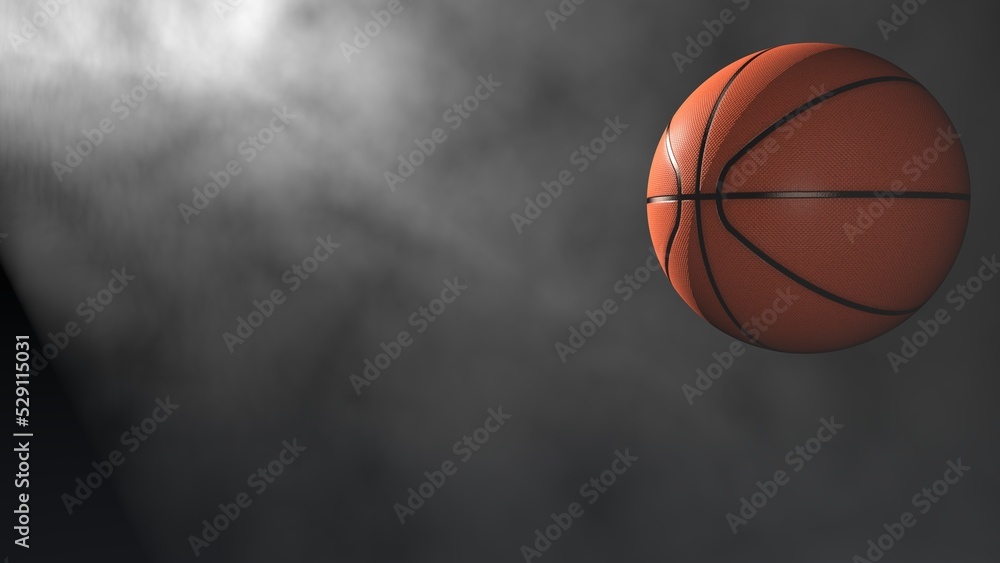 Brown-black Basketball with white toned foggy smoke background under white spot lighting. 3D sketch design and illustration. 3D high quality rendering.
