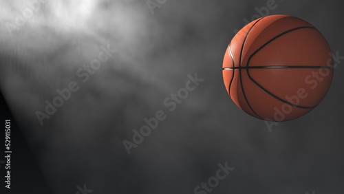 Brown-black Basketball with white toned foggy smoke background under white spot lighting. 3D sketch design and illustration. 3D high quality rendering. © DRN Studio