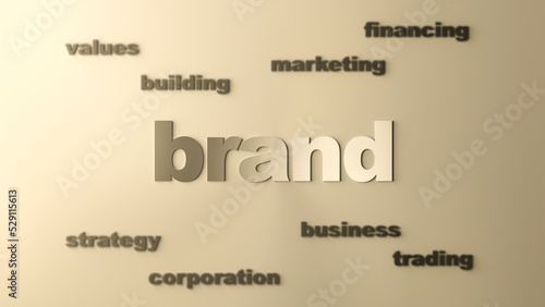 BRAND word golden concept. Development, promotion and brand management. 3D render.