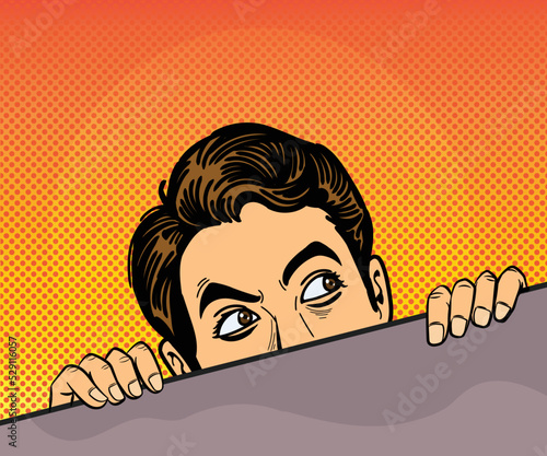 The man who was so afraid that he had to peek, didn't dare to show his face. hand drawn style vector design illustration.