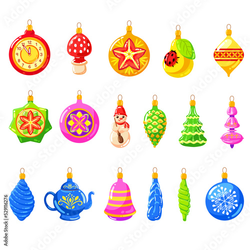 Set of Christmas toys different shape and colors. Cute xmas decorative elements, holiday winter toys, new year decorations.