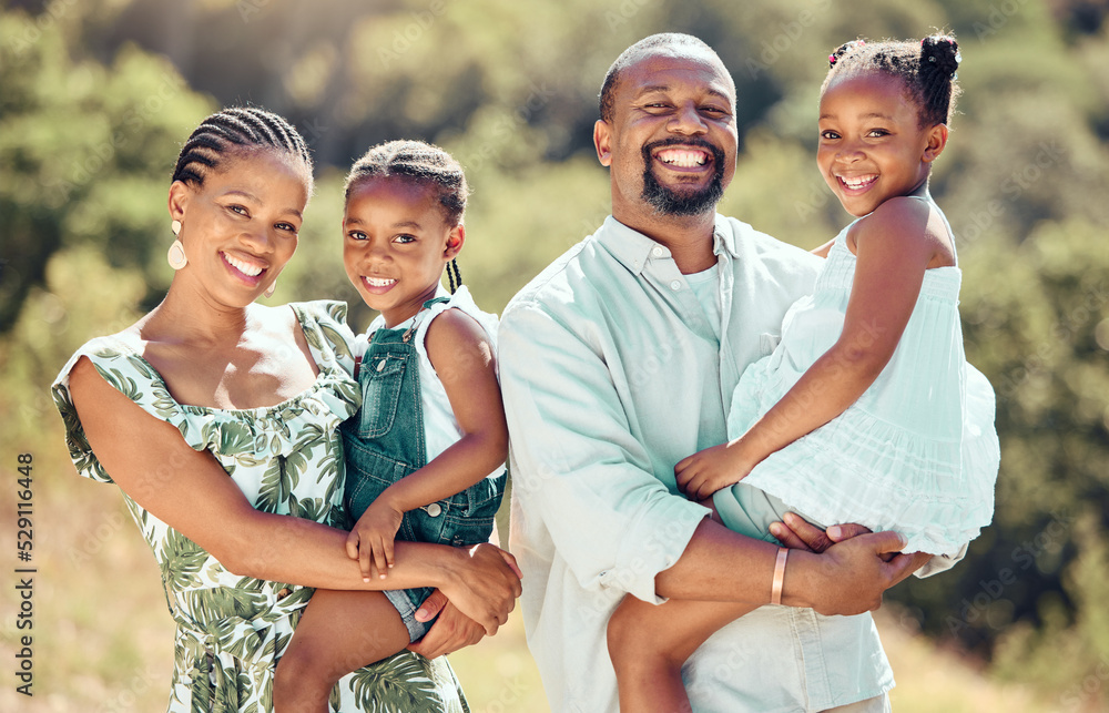Happy black family, parents and kids in park, garden or backyard to