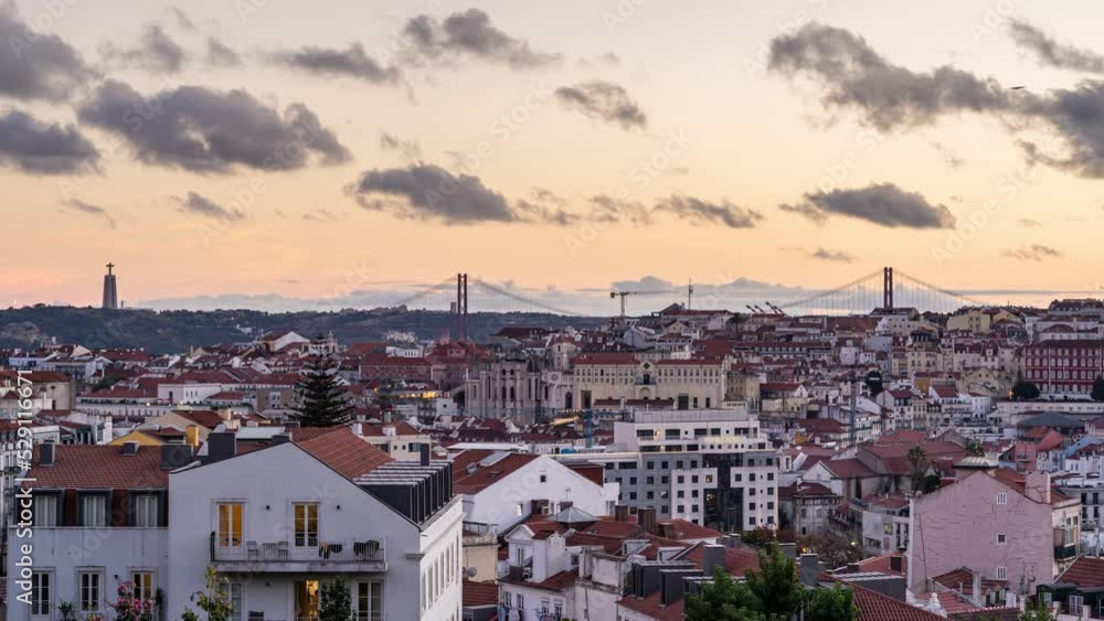 Timelapse of the city of Lisbon, portugal, national sanctuary of christ the king, April 25th Bridge from day to sunset to night Timelapse of the city of Lisbon, portugal, national sanctuary of christ the king, April 25th Bridge from day to sunset to night