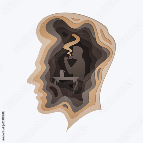 Paper cut layered human head with A man relaxing and drinking coffee, Business or mind psychology concept photo