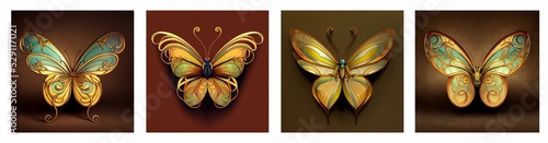 set of four art nouveau butterflies in dark pastel colours: beige, blue, and turquoise on brown background, Generative AI 