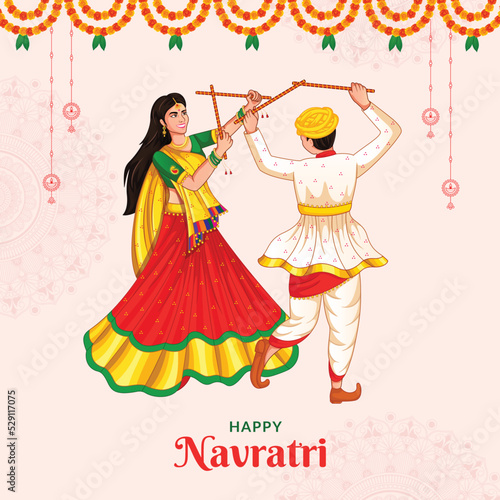 Dancing Dandiya couple at Navratri, Happy Durga Puja and Dussehra