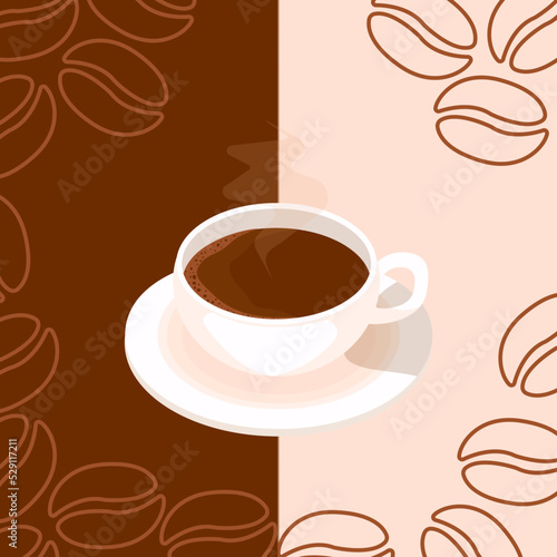 Flat illustration with a cup of coffee and coffee beans on background. Can be used as a postcard  poster  in typography for restaurant  cafeteria  coffee shop.