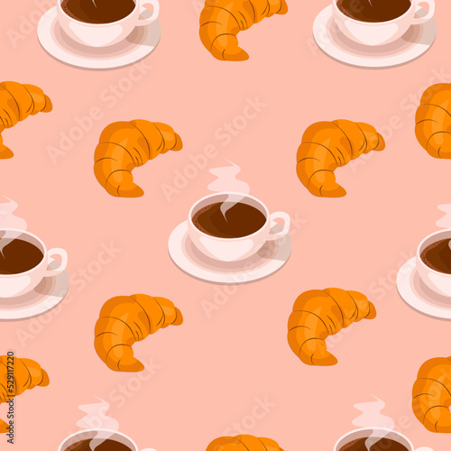 Seamless pattern  with a cup of coffee and croissant on a pink background.  Can be used in typography.