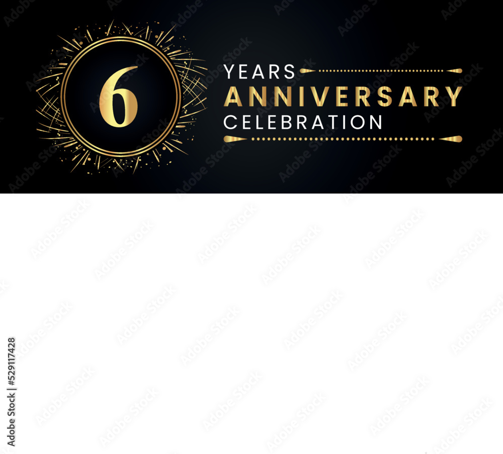 Fototapeta premium 6 years anniversary celebration with gold fireworks and circle frames on black background. Premium design for weddings, greetings card, happy birthday, poster, graduation, invitation card, banner.