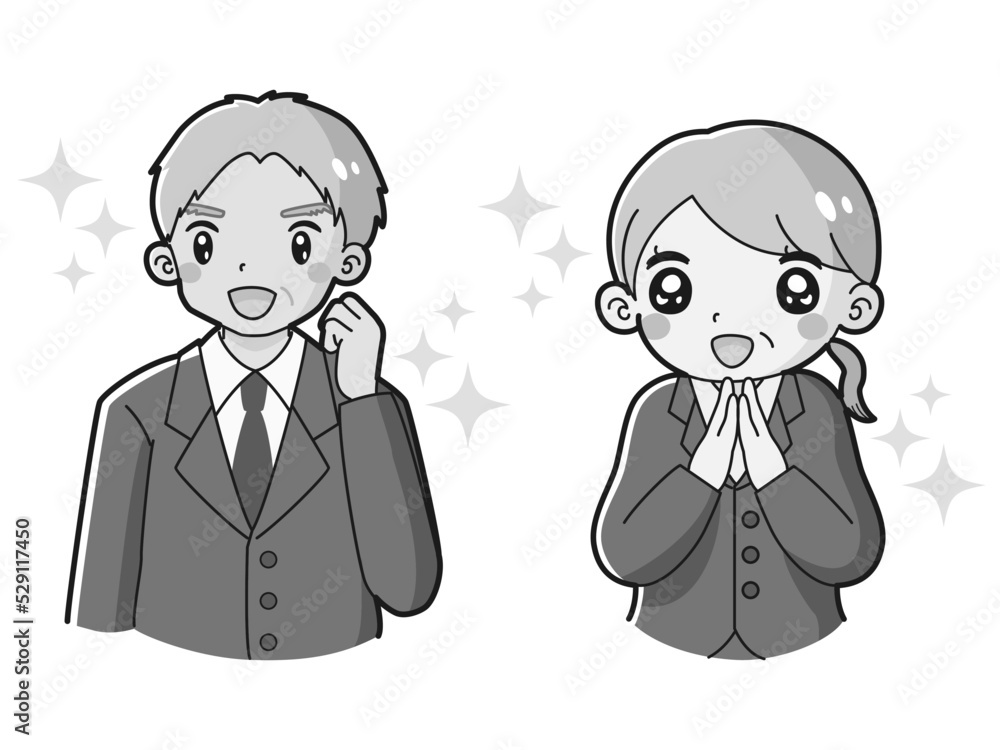 ときめく笑顔のスーツを着たシニア男性と女性のイラストセット