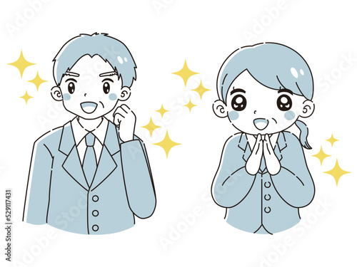 ときめく笑顔のスーツを着たシニア男性と女性のイラストセット