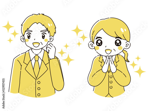 ときめく笑顔のスーツを着たシニア男性と女性のイラストセット