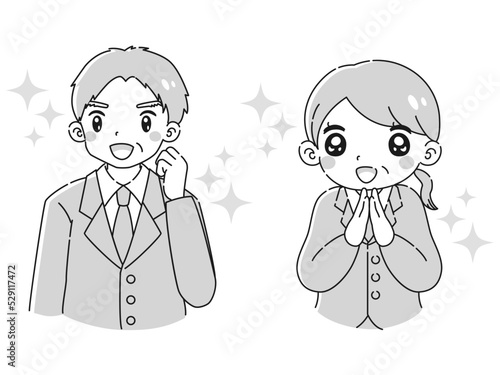 ときめく笑顔のスーツを着たシニア男性と女性のイラストセット