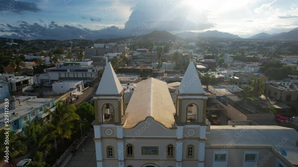 frontal drone shot of the main facade of the church of san jose del cabo in baja california sur mexico frontal drone shot of the main facade of the church of san jose del cabo in baja california sur mexico