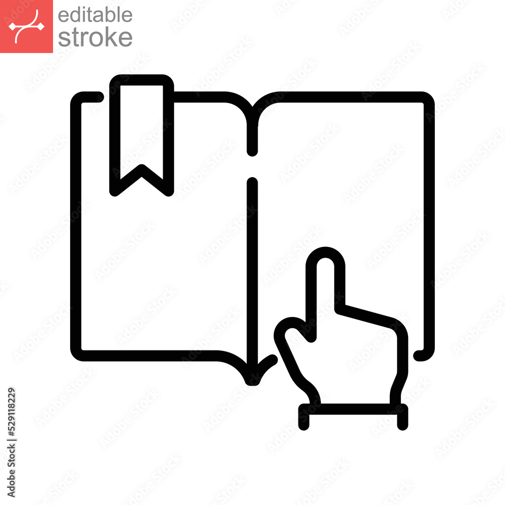 Book click vector icon, Click on online book symbol. open study and reading literature with hand pointer. outline logo pictogram Editable stroke Vector illustration design on white background. EPS 10