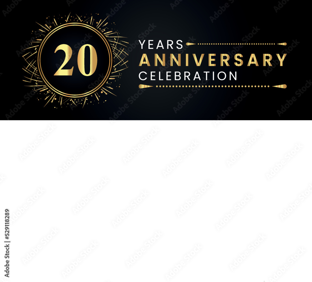 Naklejka premium 20 years anniversary celebration with gold fireworks and circle frames on black background. Premium design for weddings, greetings card, happy birthday, poster, graduation, invitation card, banner.