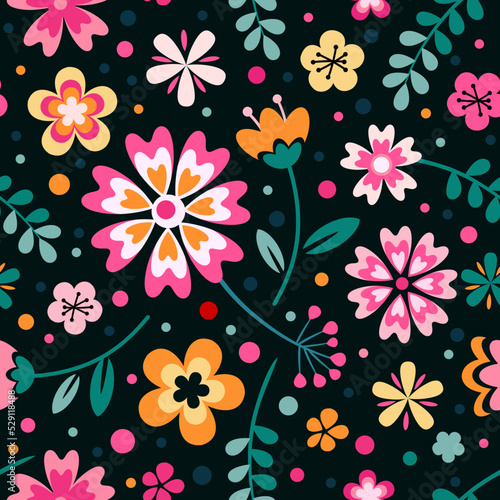 Floral seamless pattern. Vector illustration with small wild flowers. Millefleurs pattern for wrapping, fashion. Pink, red, green and turquoise colors on black background.