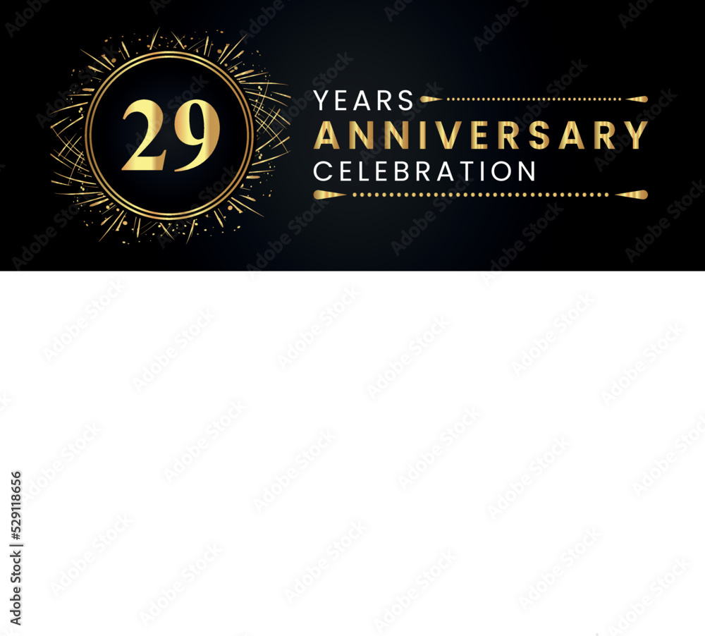 Fototapeta premium 29 years anniversary celebration with gold fireworks and circle frames on black background. Premium design for weddings, greetings card, happy birthday, poster, graduation, invitation card, banner.