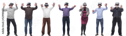 group of people with 3d glasses hands up isolated on white