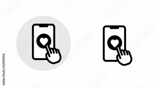 Mobile phone with a hand touching a heart icon on a screen. Animation with a luma matte.