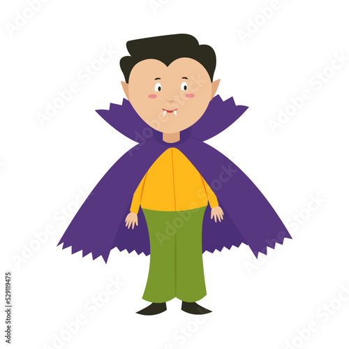 A boy in a Dracula costume for Halloween. Vector illustration in flat style. Costumed childrens party.