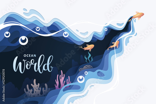 Fishes layered shape wavy ocean underwater background in paper cut style © coz1421
