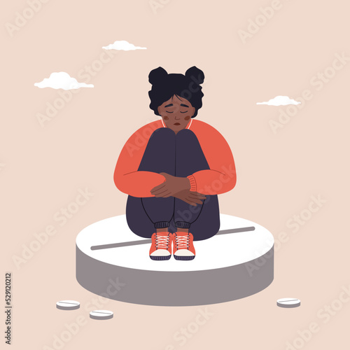 Menstrual pain. Drugs to relieve PMS symptoms. Sad african woman with abdominal cramps sitting on large pill. Female critical day problems. Vector illustration in flat cartoon style.