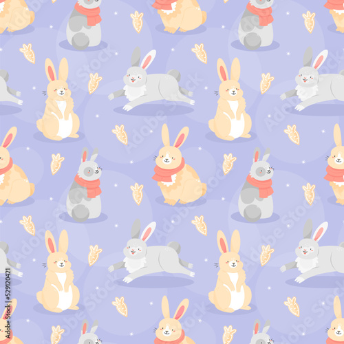 Seamless pattern with cute cartoon-style Christmas rabbits with carrot gingerbread cookies and snowflakes on blue background. Vector illustration background.