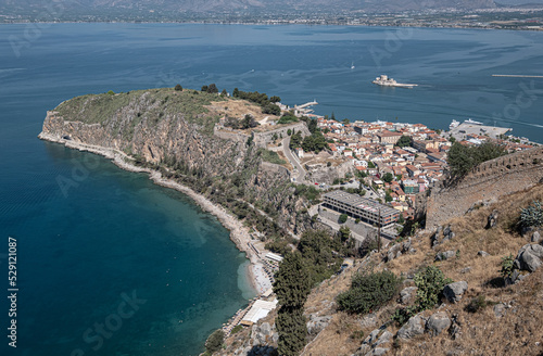 Fototapeta Naklejka Na Ścianę i Meble -  The Castle of Palamidi, the best well-maintained huge castle, the Venetian fortifications architectural masterpice, located in Nafplio on the crest of a 216m cliff, Argolis, Peloponnese, Greece