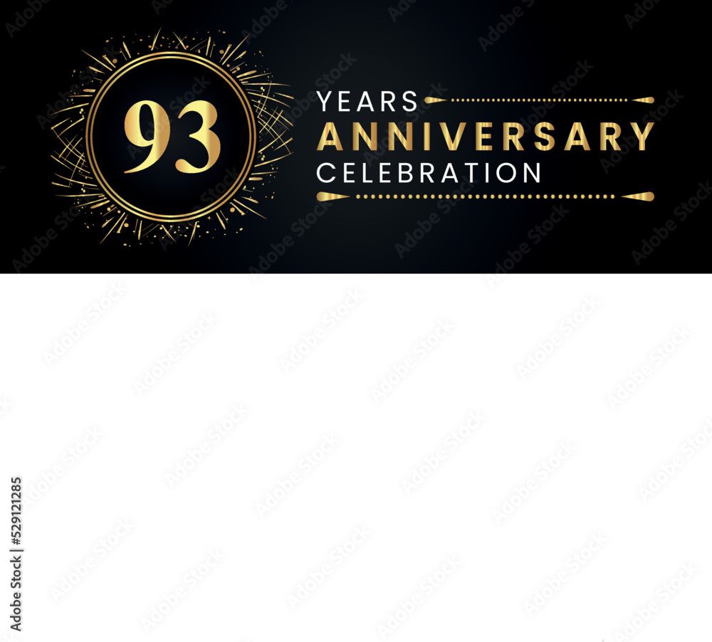 Naklejka premium 93 years anniversary celebration with gold fireworks and circle frames on black background. Premium design for weddings, greetings card, happy birthday, poster, graduation, invitation card, banner.