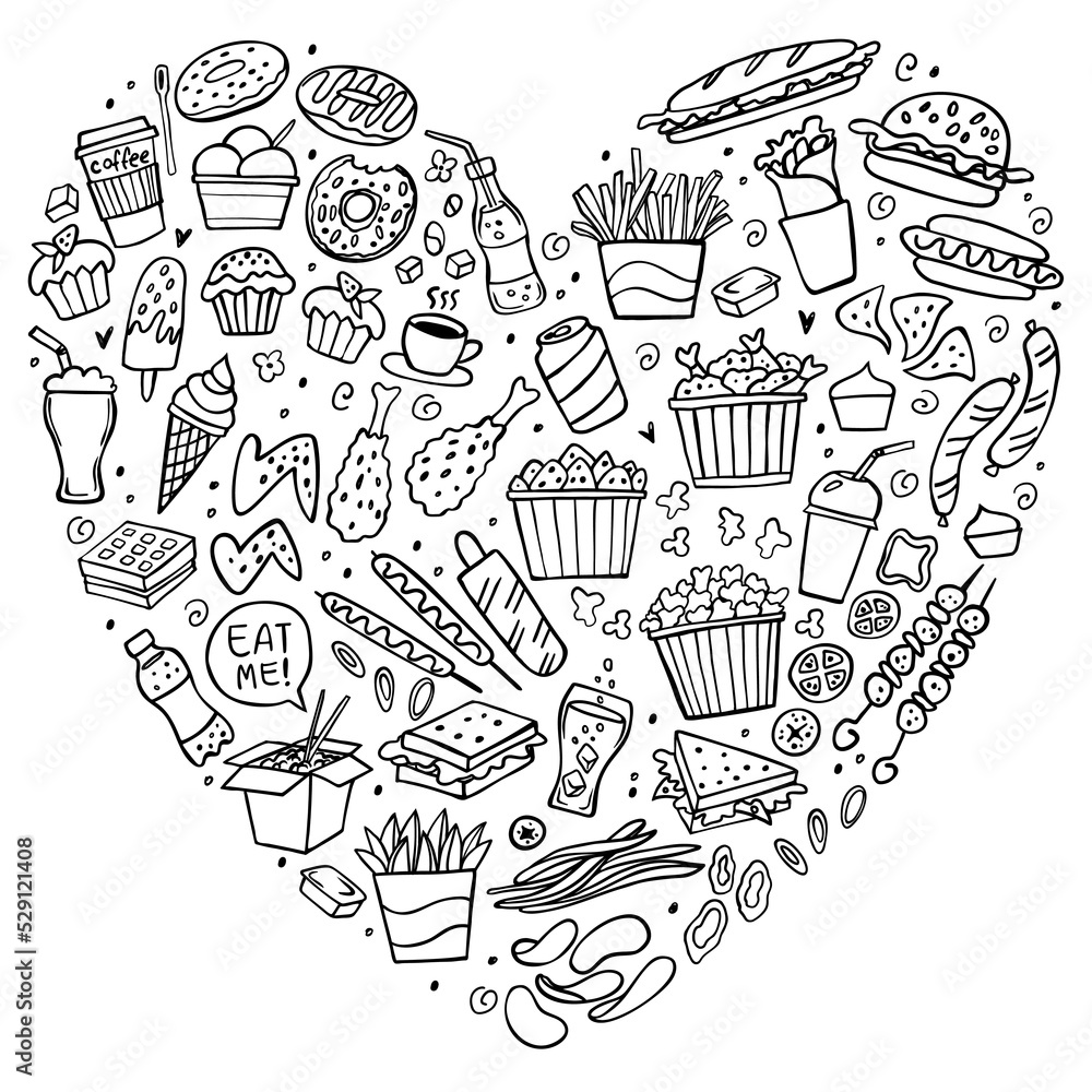 Set Of Fast Food Doodles In The Shape Of A Heart On White Vector Illustration Perfect For Menu 0098