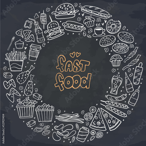 Set of fast food doodles on chalkboard. Vector illustration. Perfect for menu or food package design.