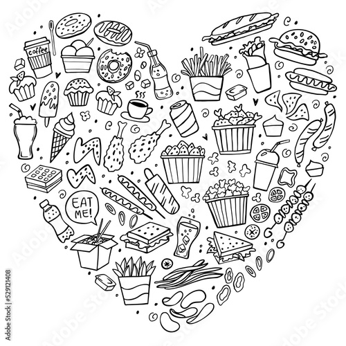 Set of fast food doodles in the shape of a heart on white. Vector illustration. Perfect for menu or food package design.
