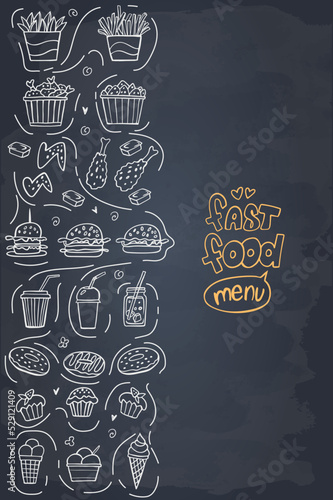 Set of fast food doodles on chalkboard. Vector illustration. Perfect for menu or food package design.