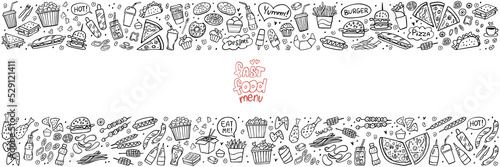 Banner of set of fast food doodles on white. Vector illustration. Perfect for menu or food package design.