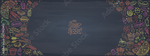 Banner of Set fast food doodles on chalkboard. Vector illustration. Perfect for menu or food package design.