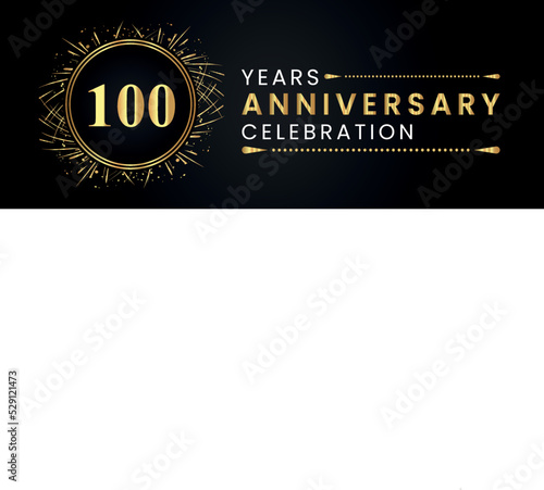 100 years anniversary celebration with gold fireworks and circle frames on black background. Premium design for weddings, greetings card, happy birthday, poster, graduation, invitation card, banner.