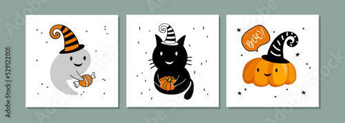 Halloween card set. Baby cards collection. Three cards with nice good-natured ghosts, black cat, pumpkin. Cards set for happy Halloween party. Funny Happy Halloween flat cartoon vector Illustration